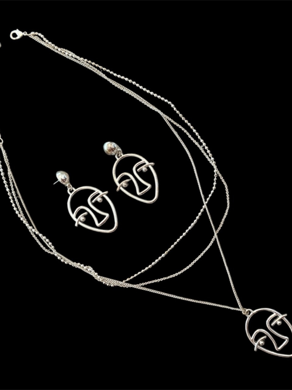 Silver Eclectic Face Jewelry Earring and Necklace Set